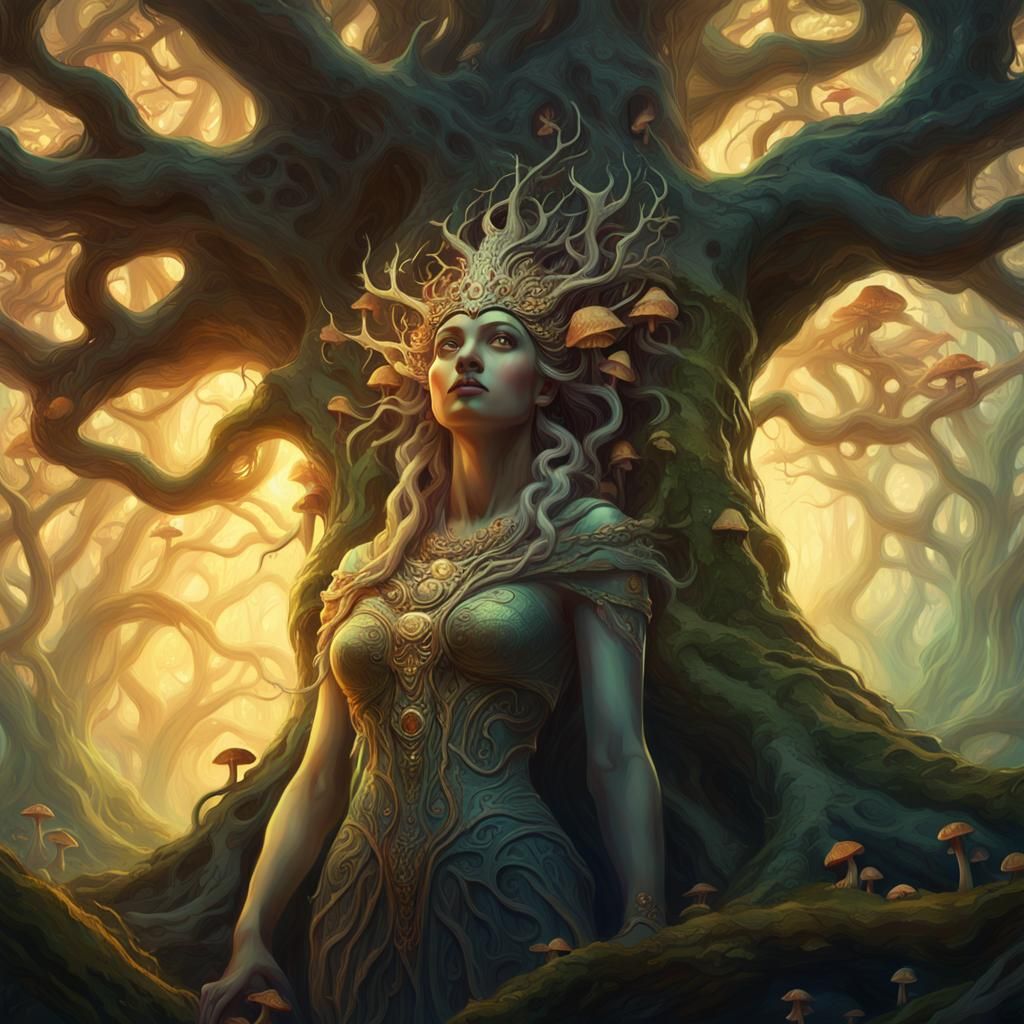 Goddess in Mystical Forest: Dark Fantasy Art