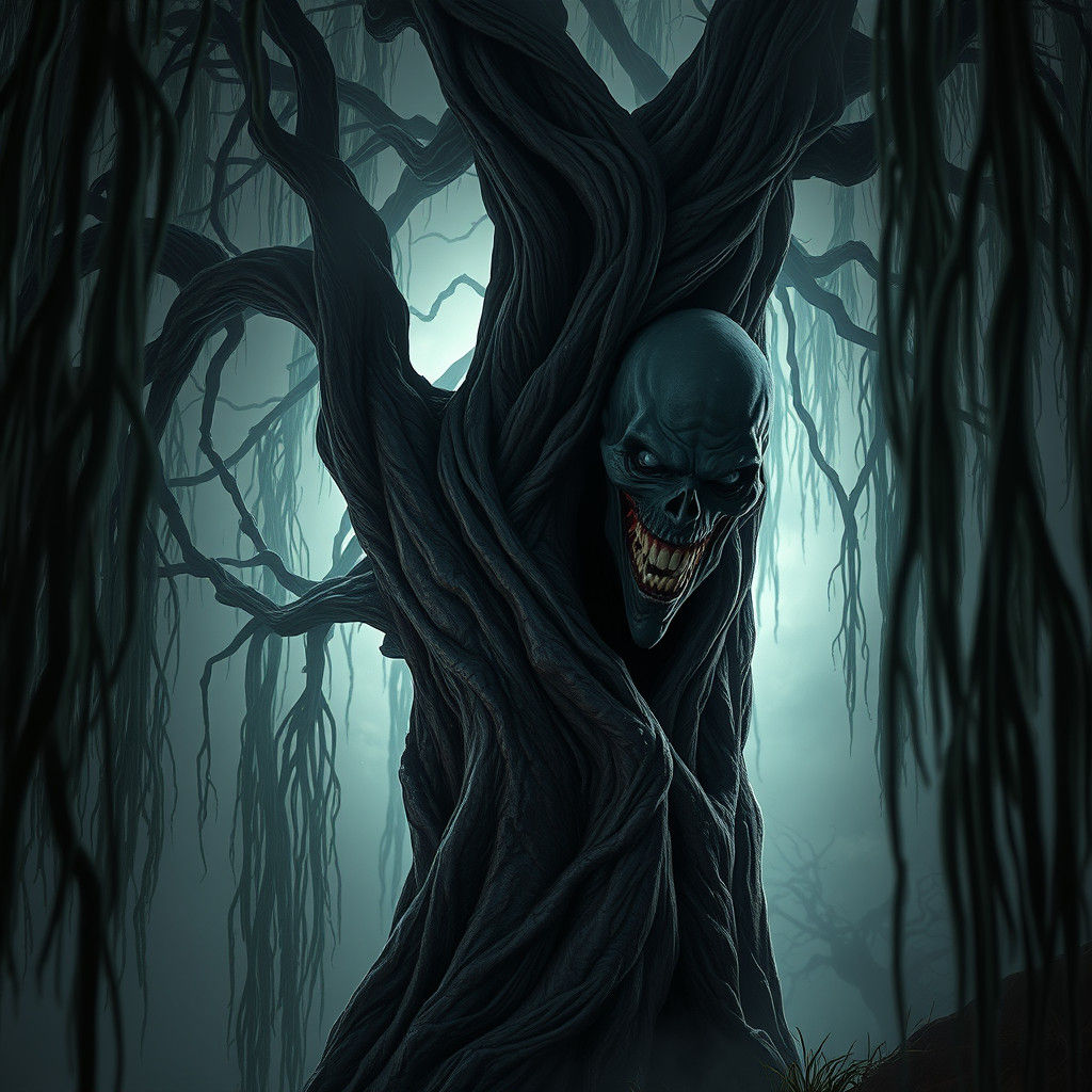 Terrifying Black Ghost in Dark Fantasy Willow Tree