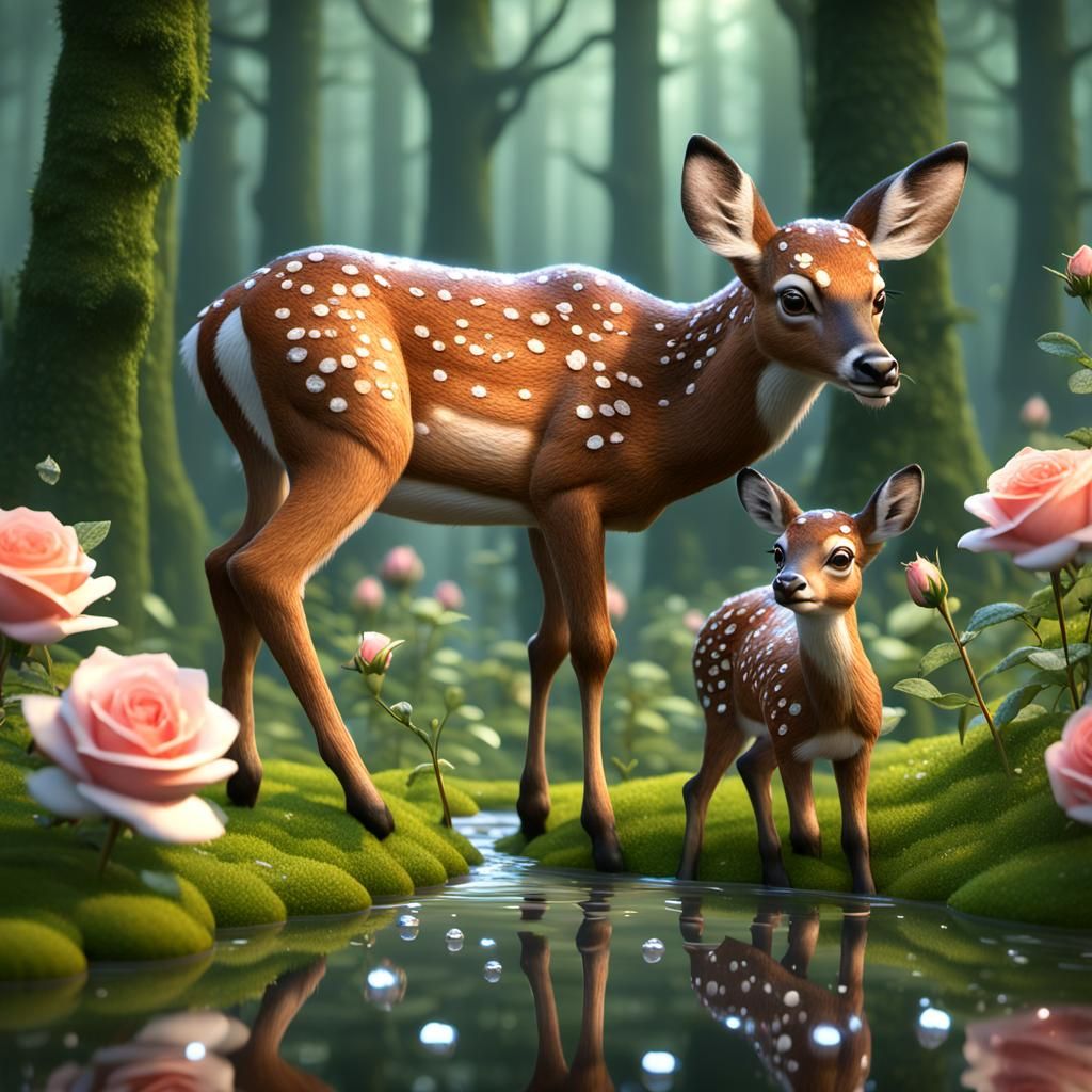 Bambi deer playing  in field of flowers blooming with  dew drops on reflective layer over rose and leafs with dew look t...