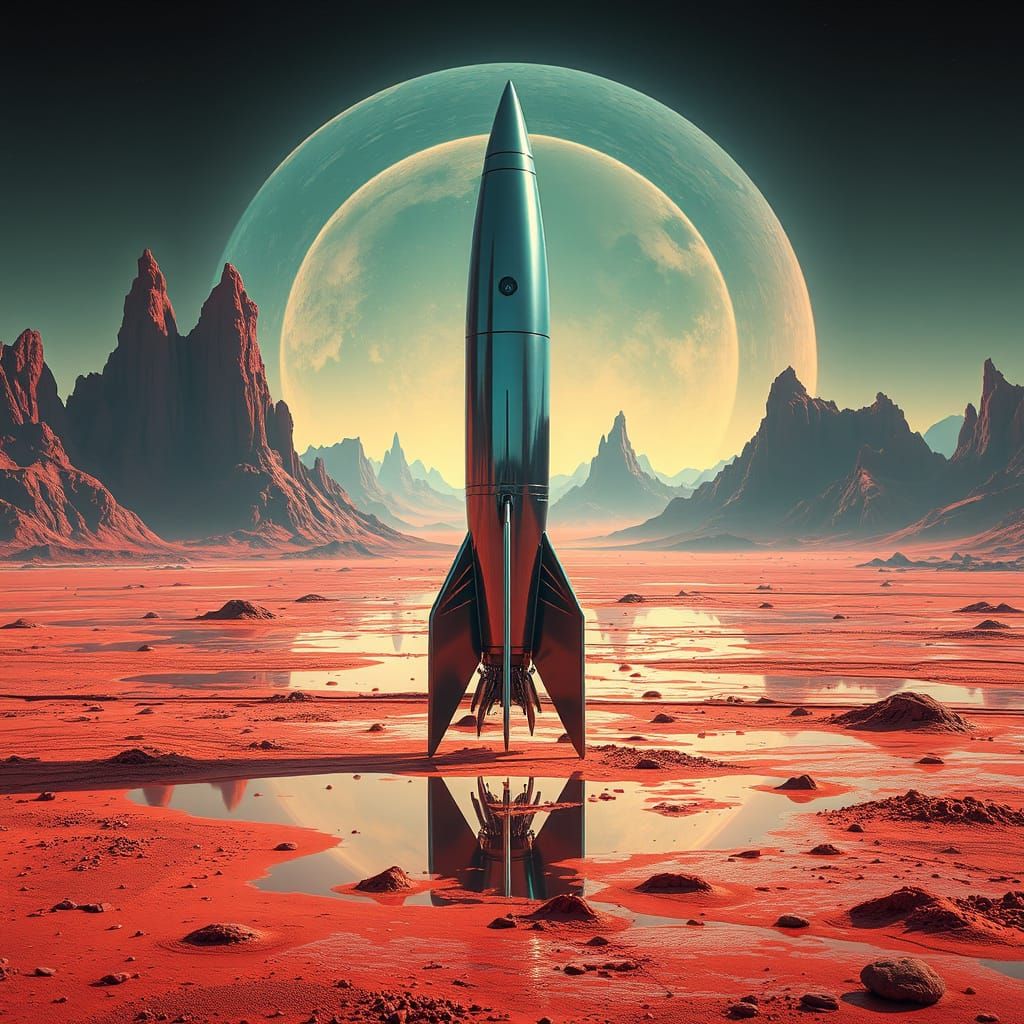 Futuristic Chrome Rocket Mirrors Alien Landscape