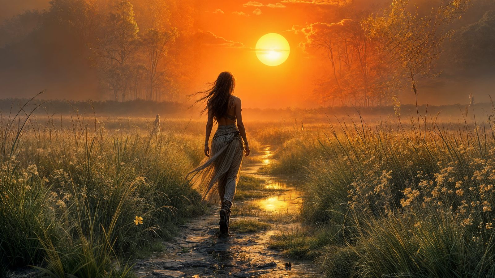 Female Adventurer in Marsh Valley at Sunset