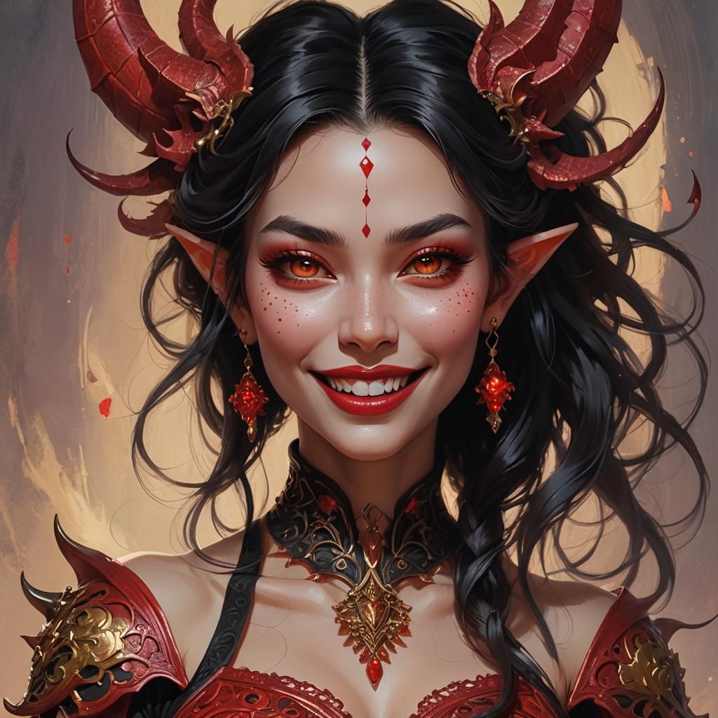 Charming Demon-Human Hybrid in Detailed Digital Painting