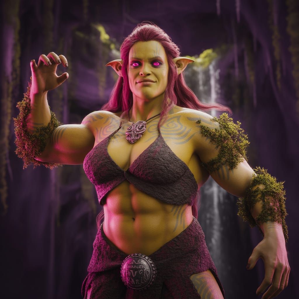 Muscular Goblin Mother in Grotto, Alphonse Mucha Style