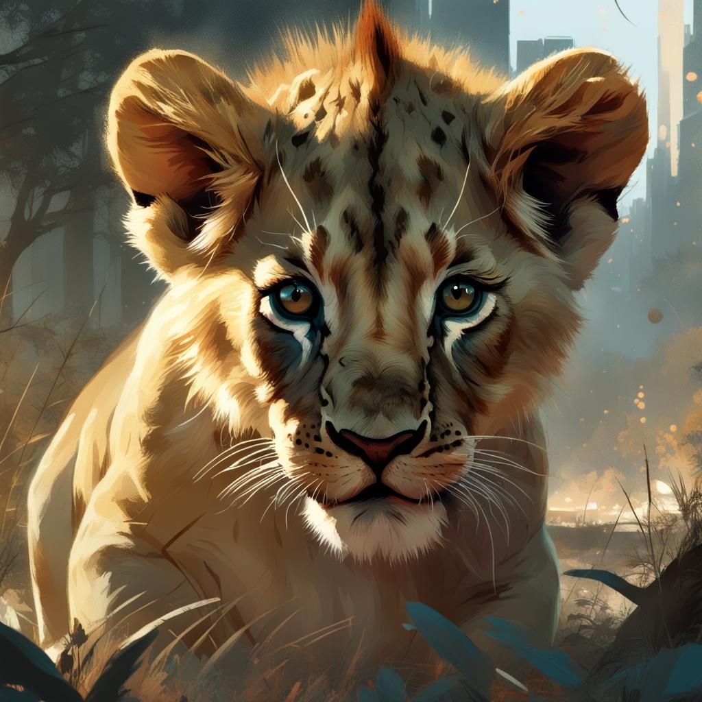 Opulent Baby Lion Friendship in Detailed Digital Art