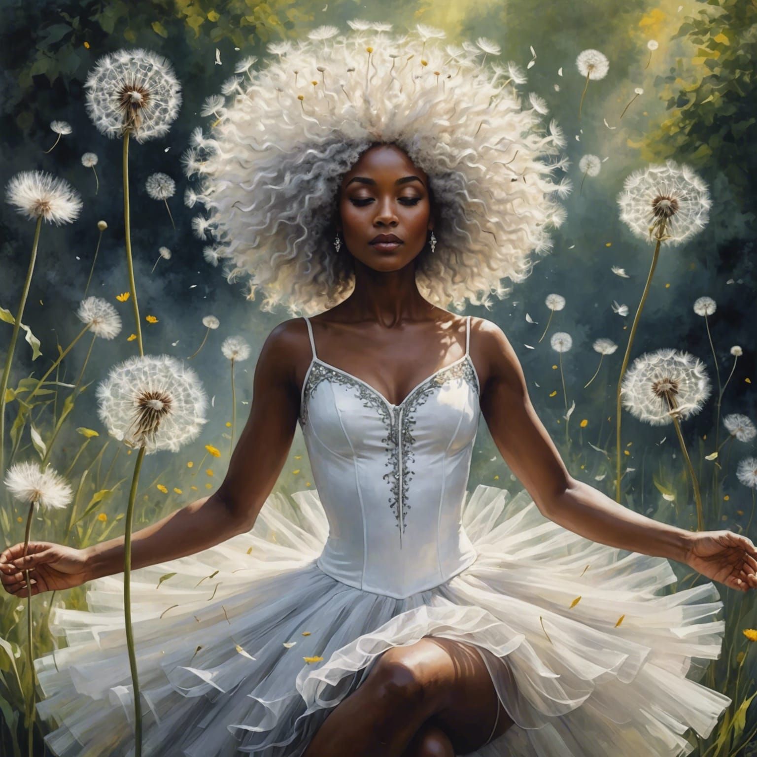 Dandelion Goddess with Swirling Seeds in Watercolor