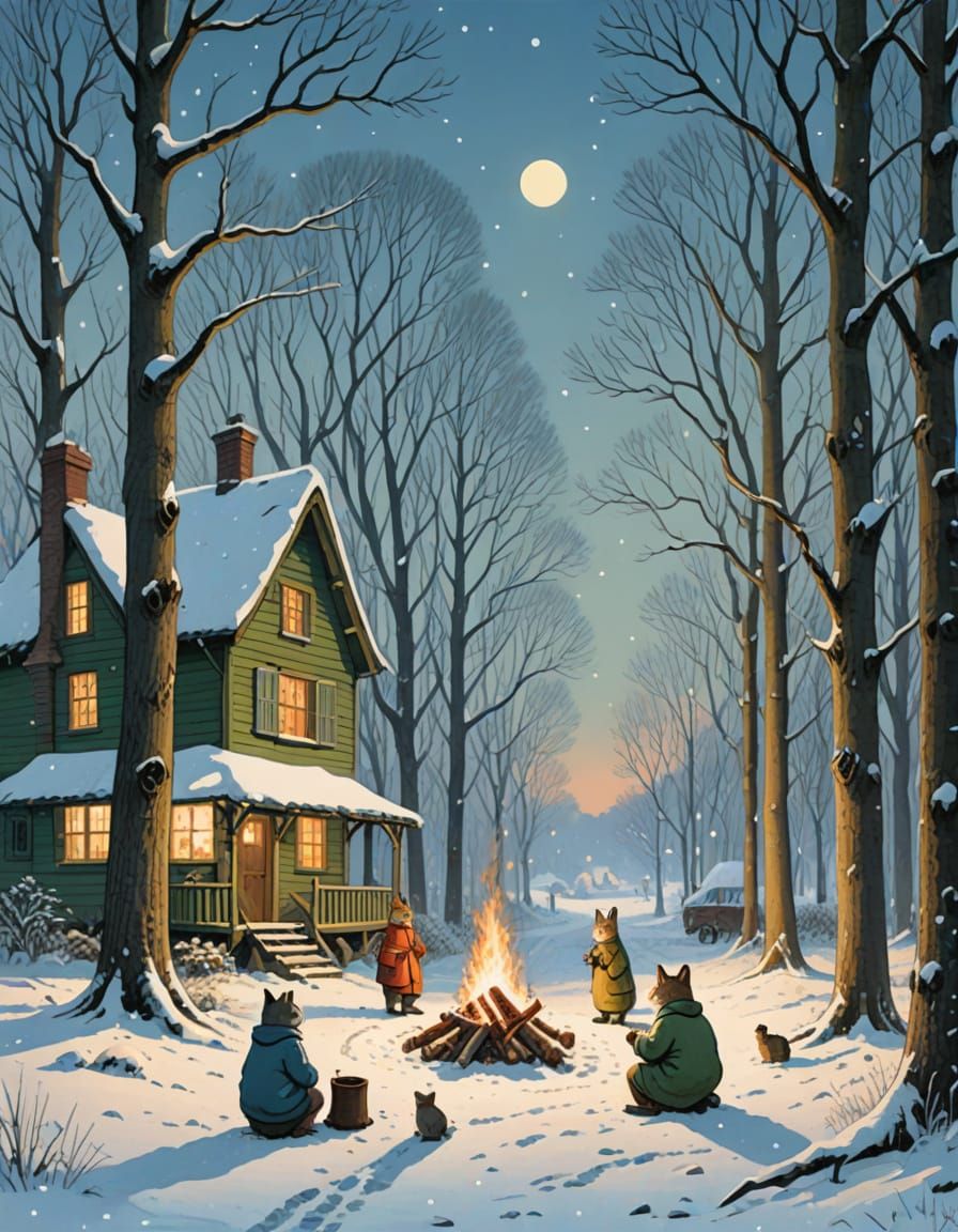 Warm Winter Wonderland in Pointillist Style