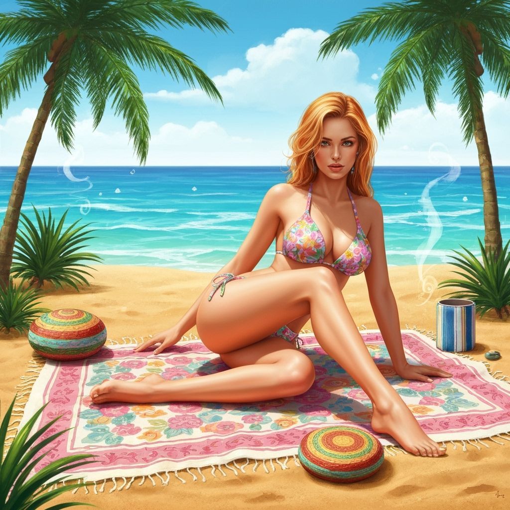 Woman in Floral Bikini Lounging on Beach