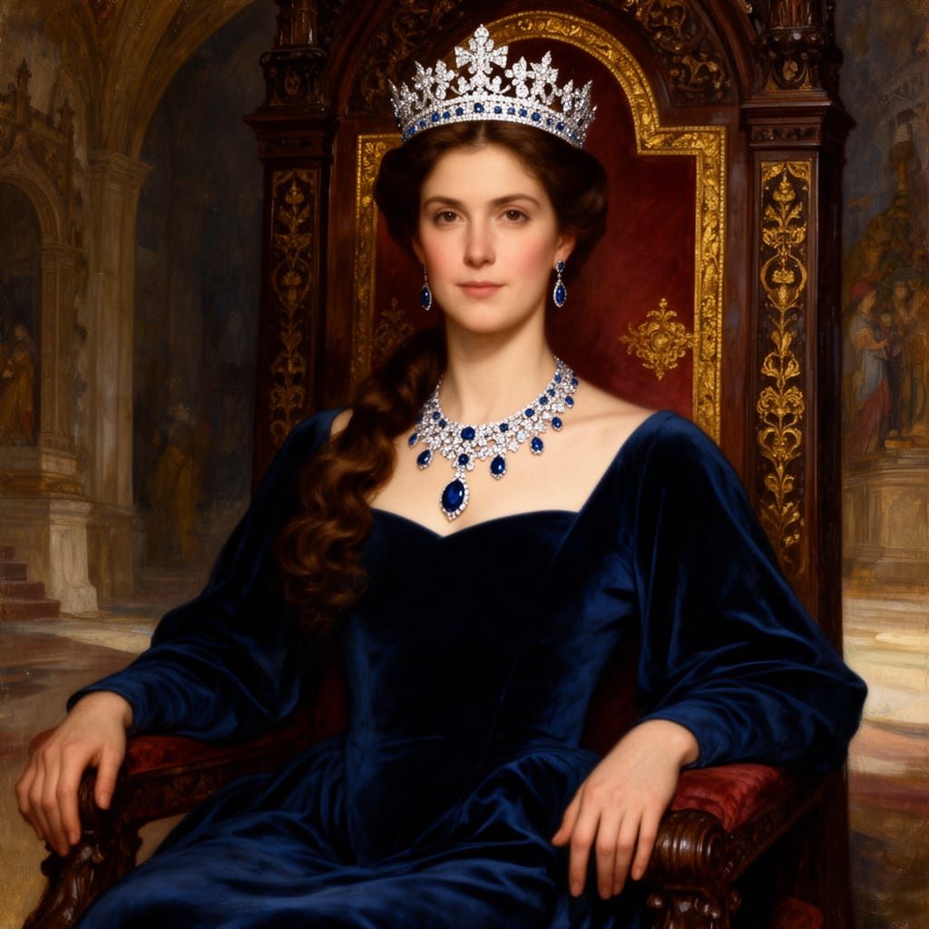 Regal Lady in Velvet Dress with Diamond Crown