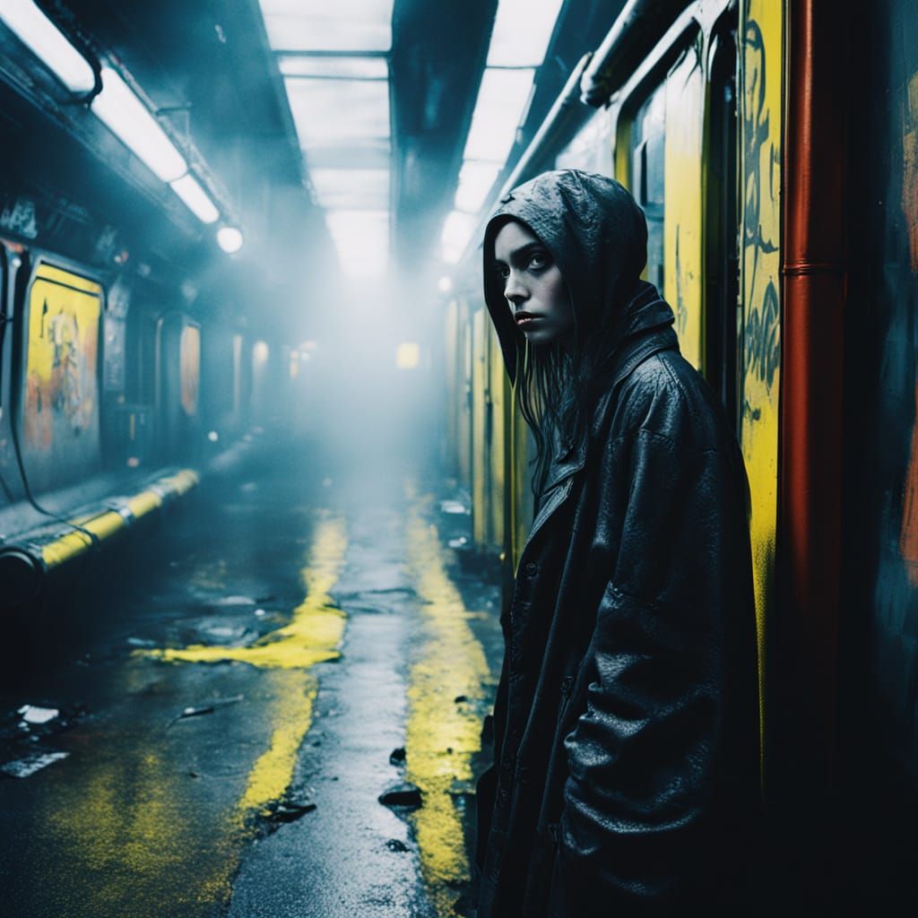 Goth Model in Surreal Subway with Neon Lights
