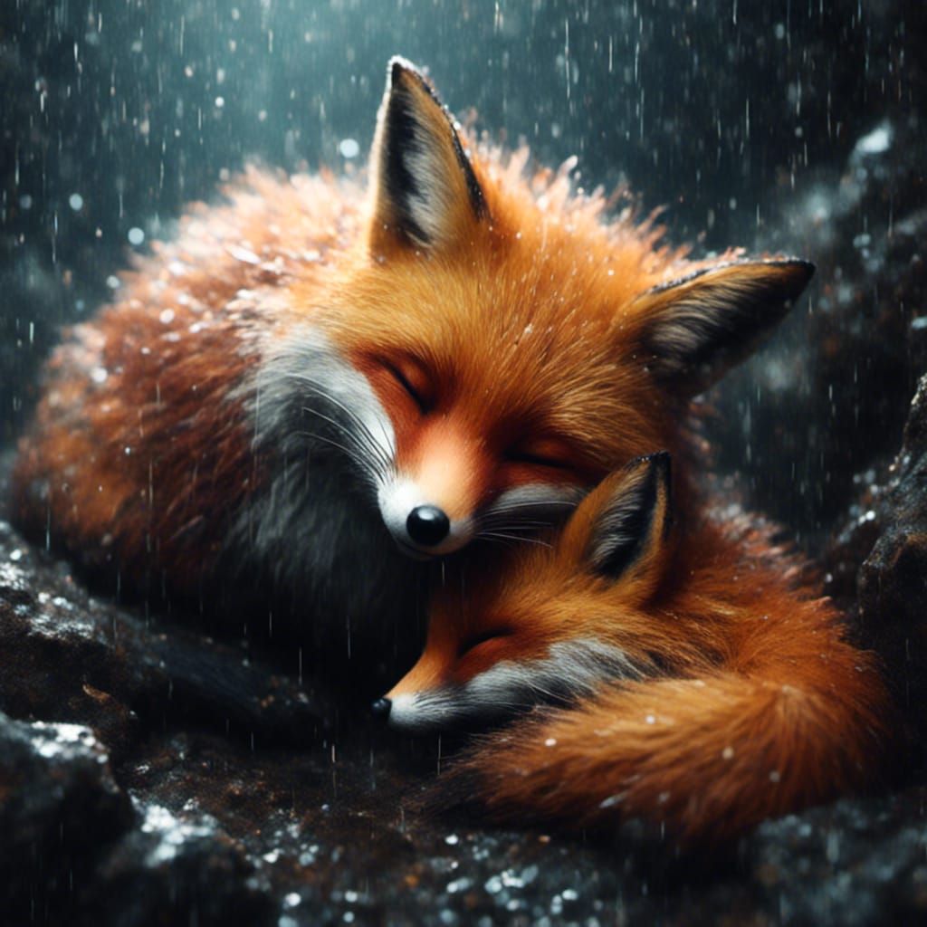 Cute Fox and Mouse Sleeping in Rainy Cave