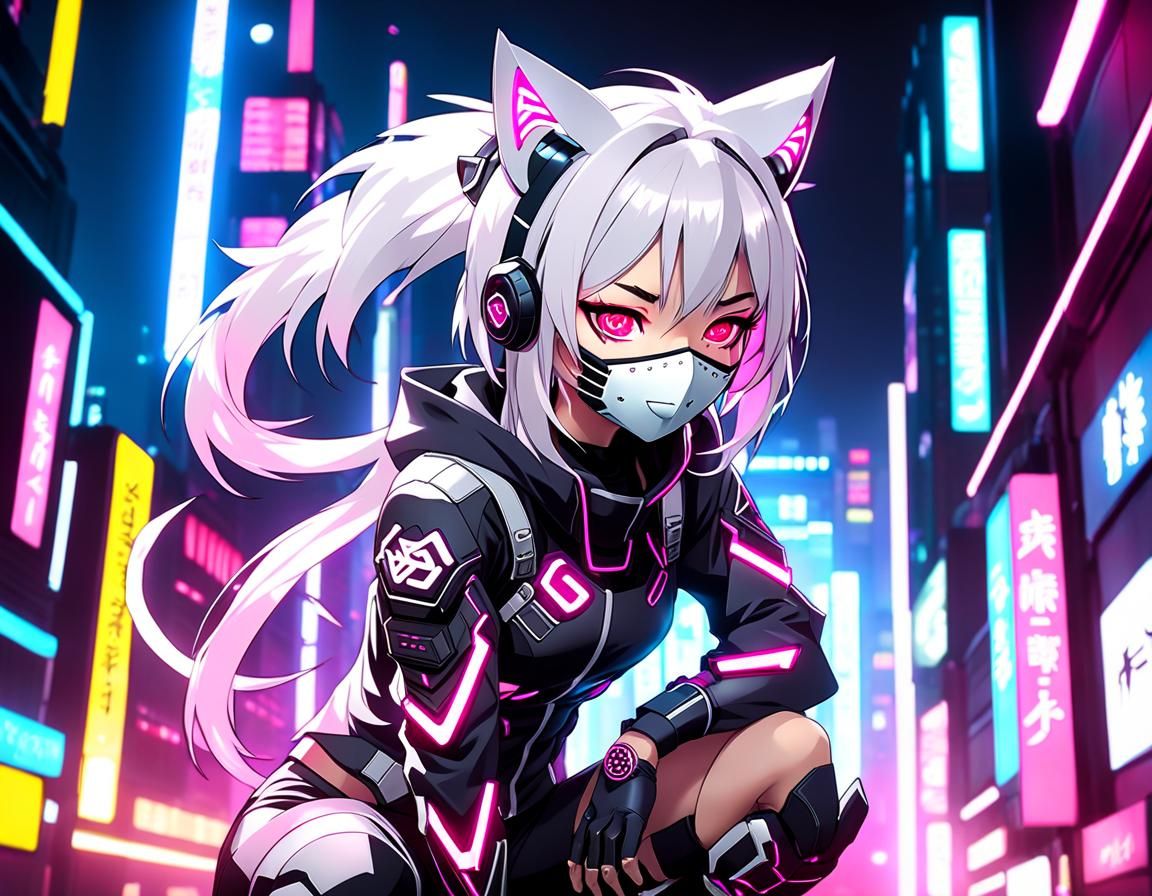 Cyberpunk Anime Cyborg Ninja with Oni Mask