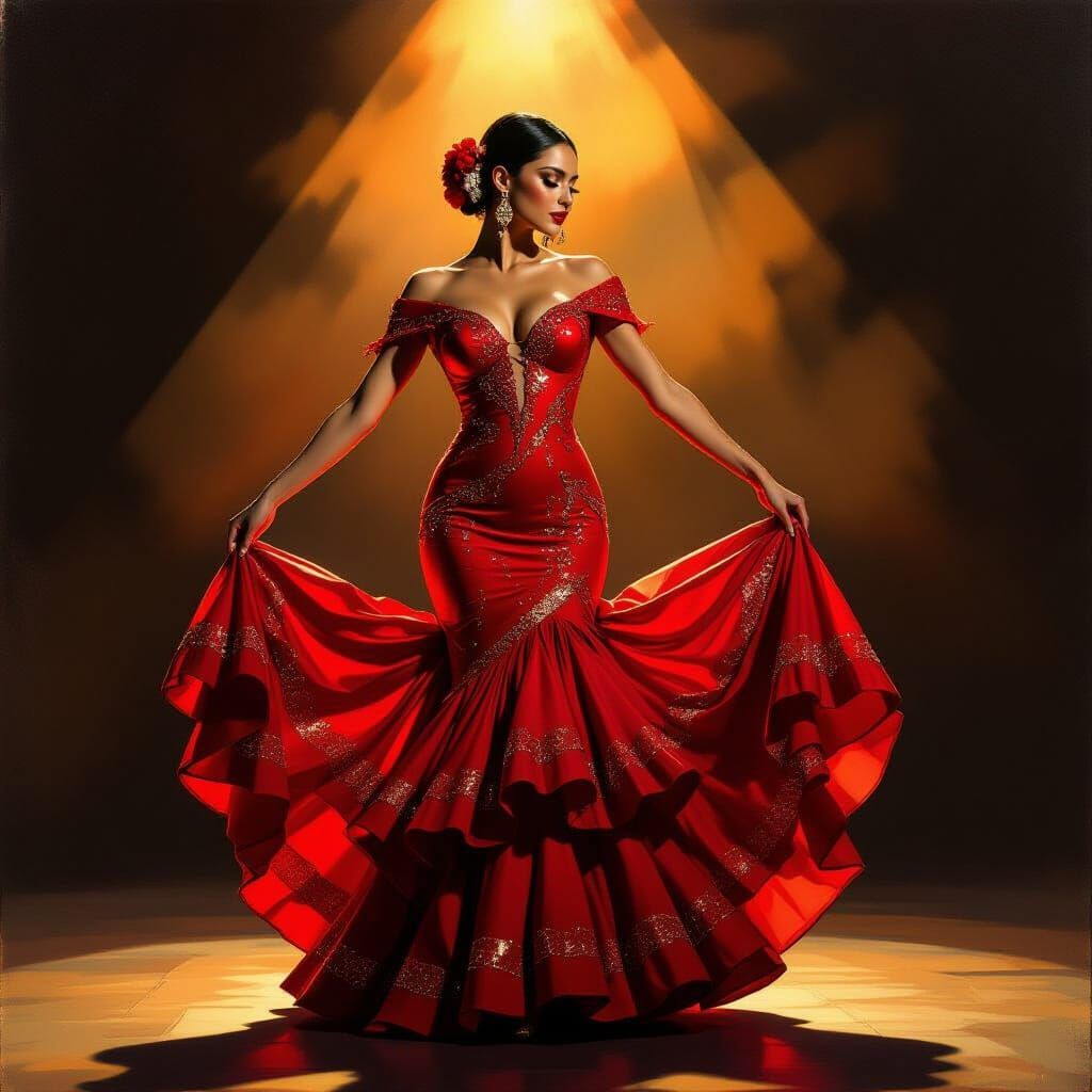 Expressive Oil Painting of a Flamenco Dancer in Glittering R...