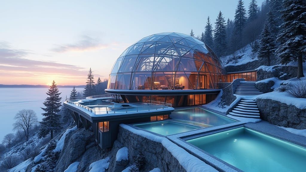 Futuristic Spa Complex on Frozen Bay: Majestic Glass Dome an...
