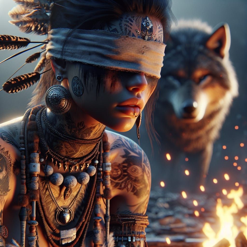 Tattooed Warrior Woman by Firelight in 3D