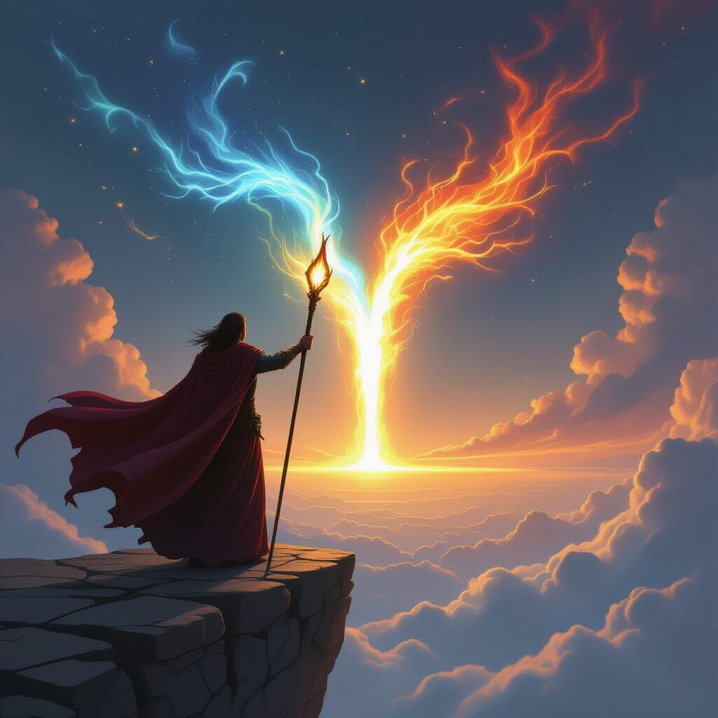 Figure on Ledge Holds Staffs Between Worlds