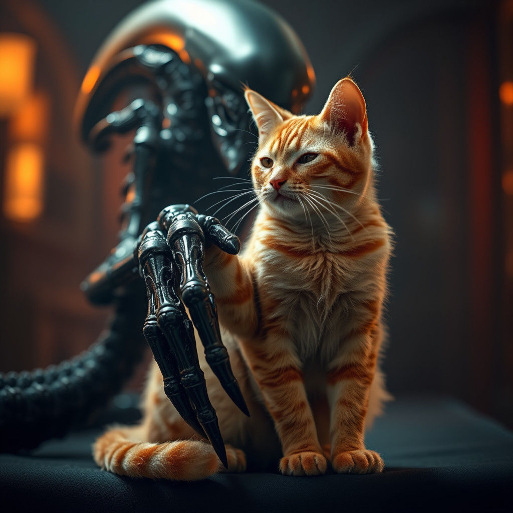 Ginger Cat and Xenomorph in Sci-Fi Style