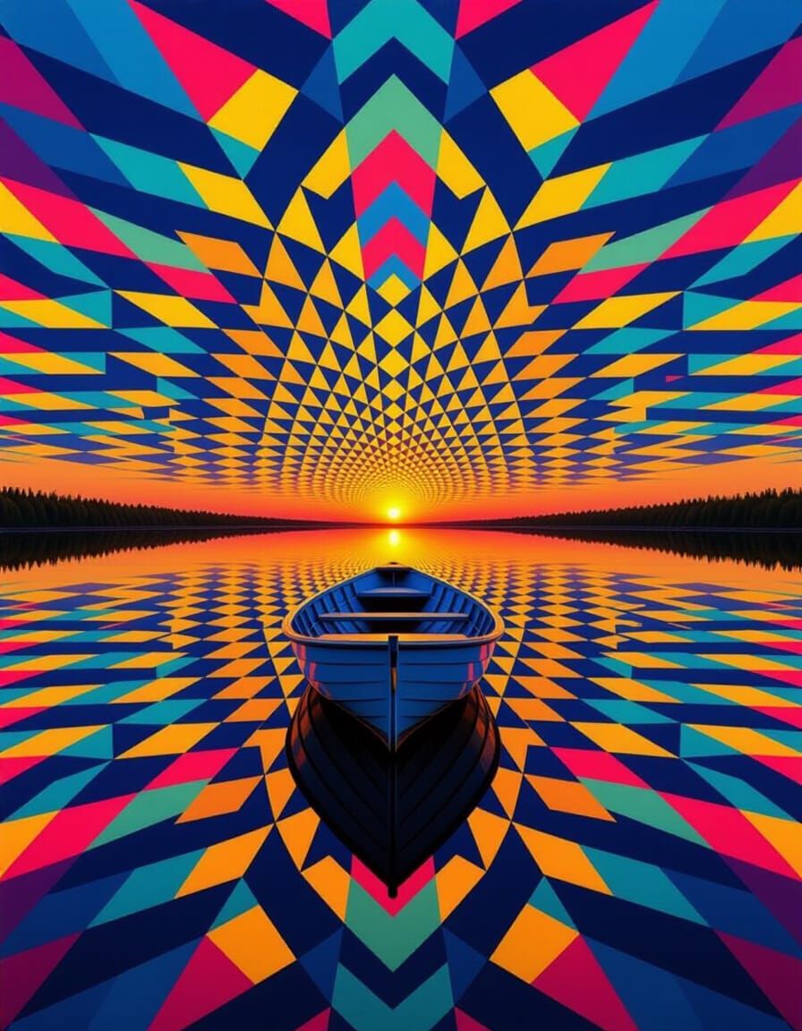 Surreal Kaleidoscope Boat on Geometric Lake