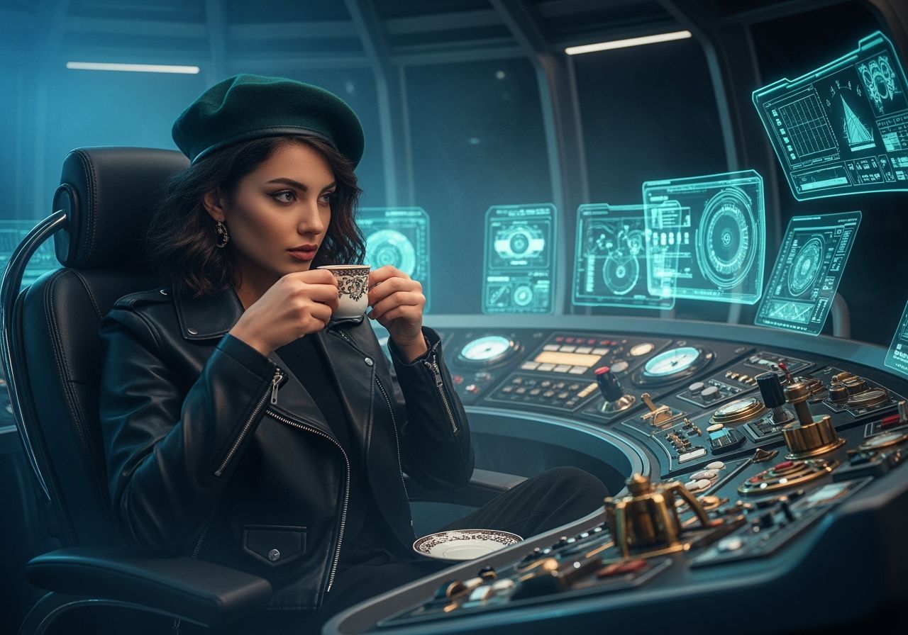 Azeri Woman Sipping Coffee in Steampunk Time Machine