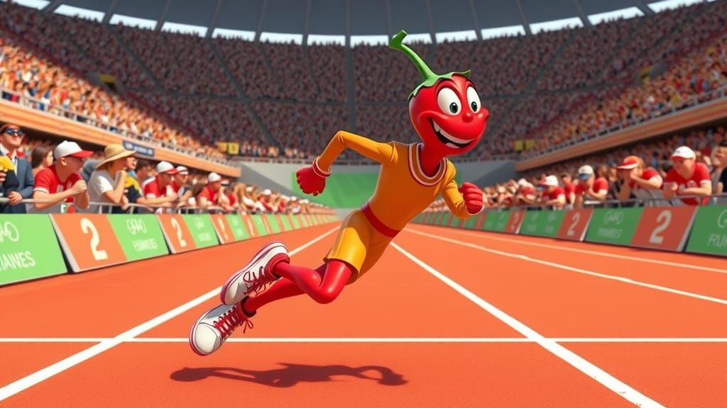 An anthropomorphic red chilli pepper, in running shorts and ...