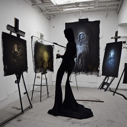 AI Painter in Dark Fantasy Studio, Impasto Oil Style