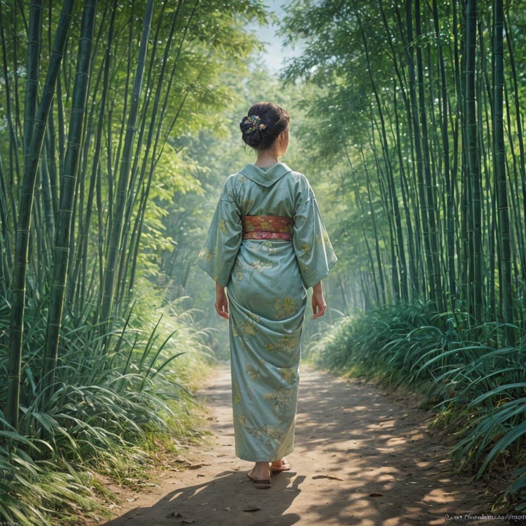Serene Japanese Woman in Bamboo Forest, Impasto Gouache Mast...
