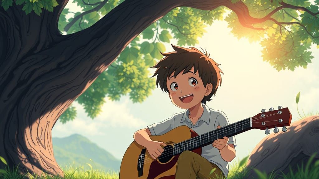 Child Enjoys Guitar Under a Majestic Tree in Vibrant Studio...