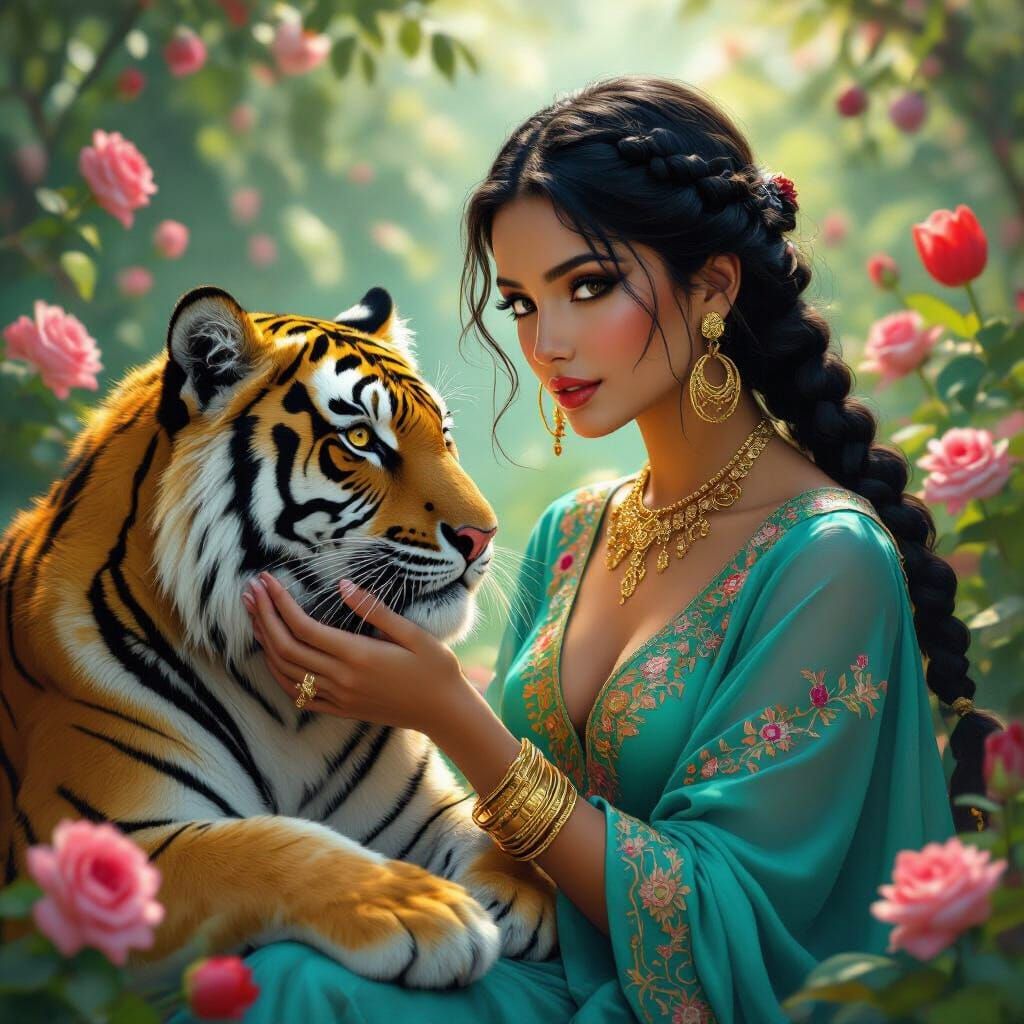 Woman and Tiger in Lush Digital Painting