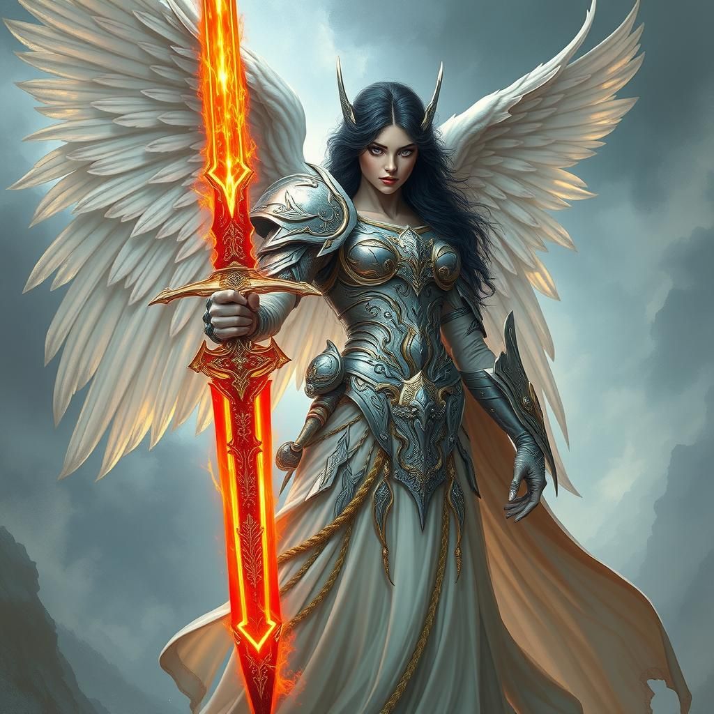 a beautiful vision of an angel of vengeance with a firey swo...