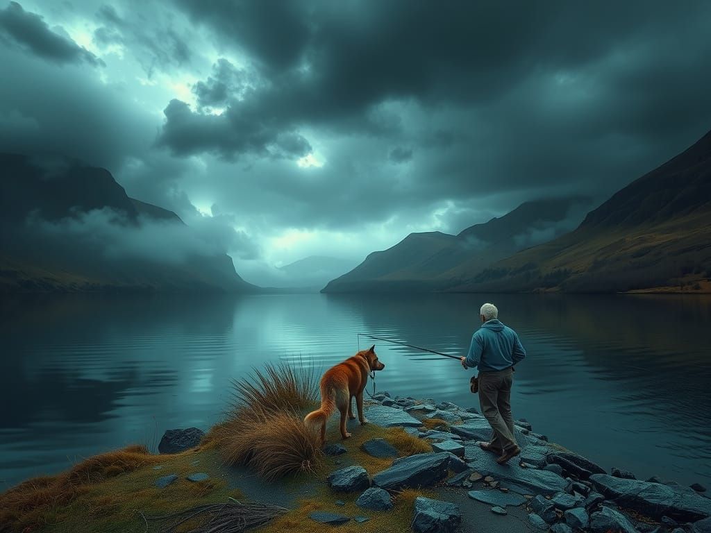 Lone Fisherman and Dog at Scottish Lake