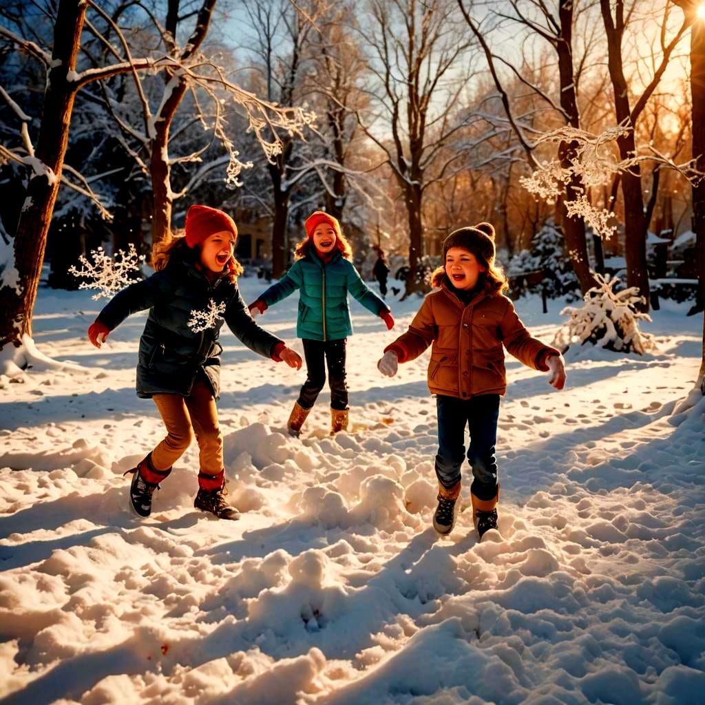 Children's Snowball Fight in a Winter Wonderland