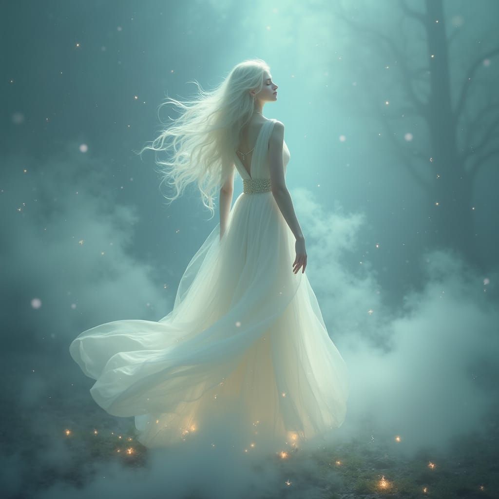 Ethereal Woman in White Surrounded by Misty Glow