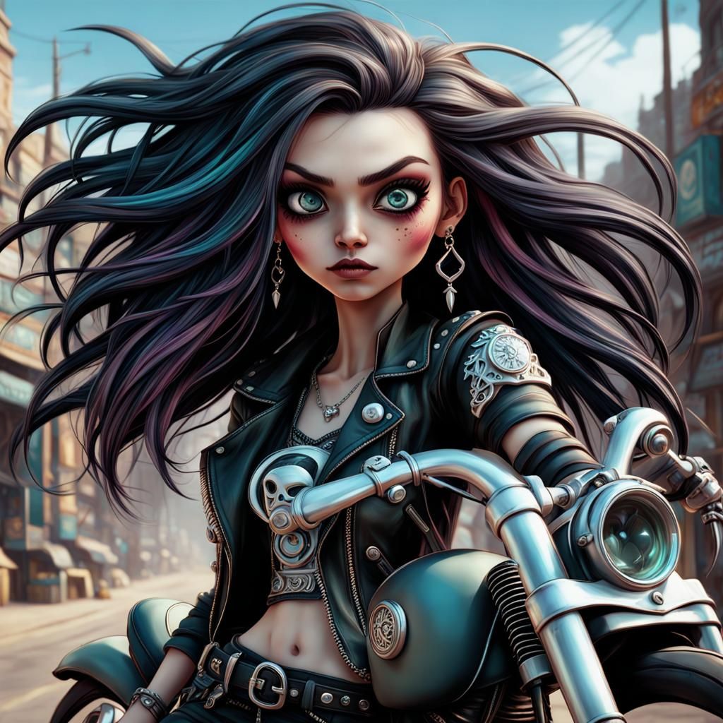 Punk Biker Girl Portrait in Burton-esque Style