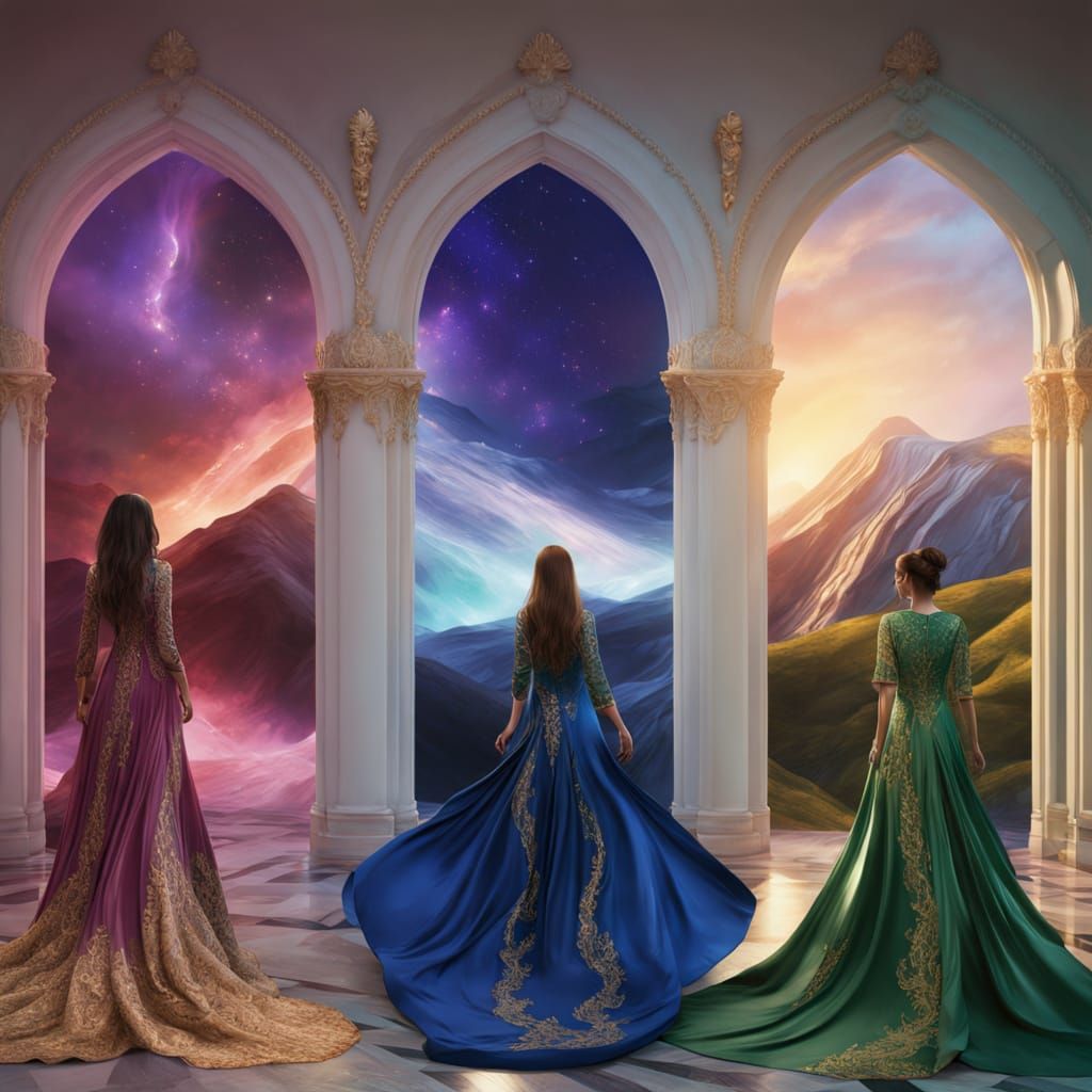 Elegant Fantasy Women Under Ornate Arches