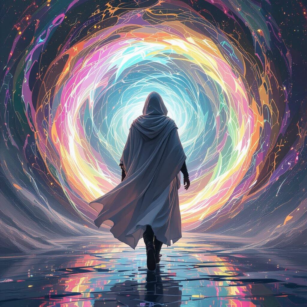 Cloaked Figure Enters Iridescent Portal