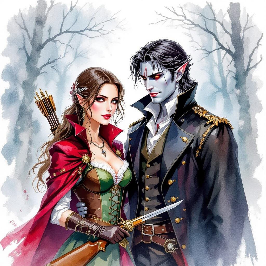 Vampire Hunter Couple in Watercolor Style
