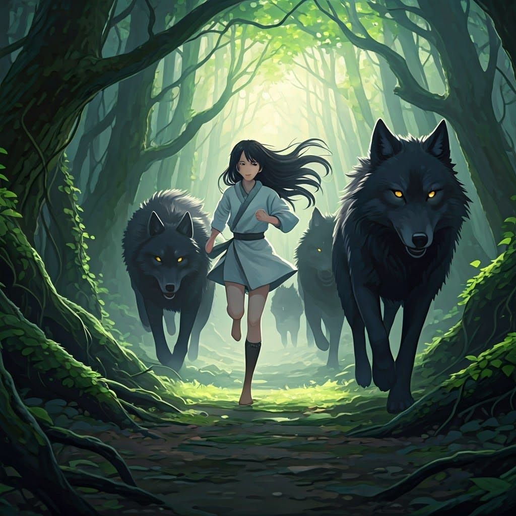 Anime Girl Running with Wolves in Misty Forest