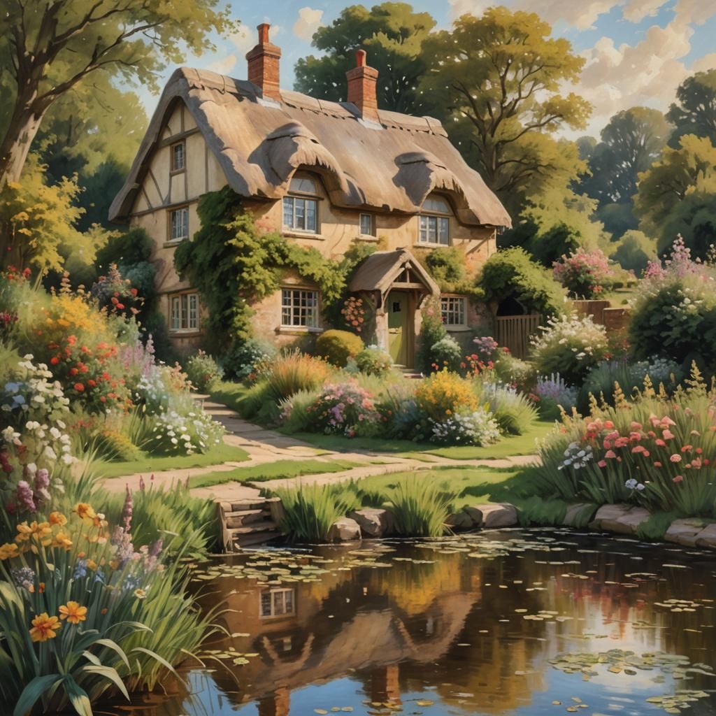 Quaint English Cottage in Summer Sunlight as Oil Painting