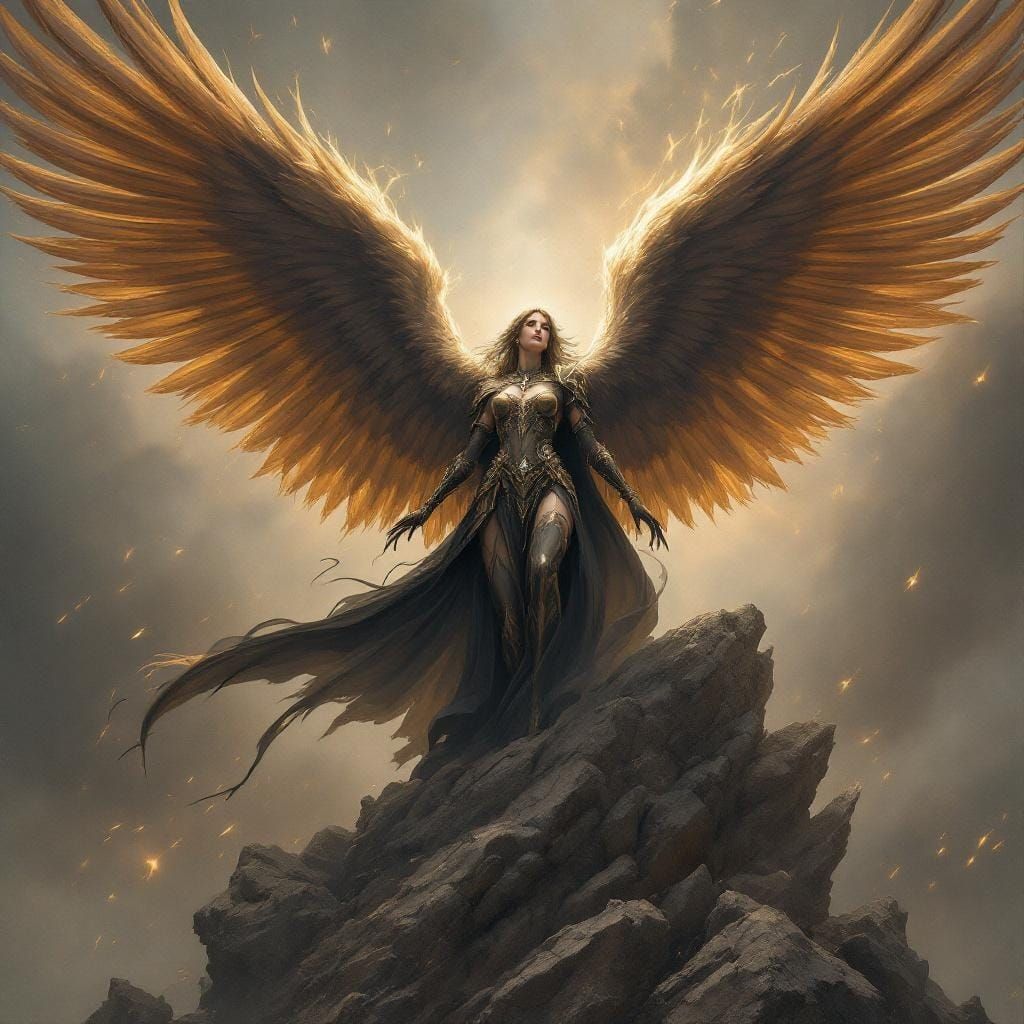 An epic dark fantasy female angel holy paladin with powerful eagle wings, by Greg Rutkowski, comic book art, perfect, sm...