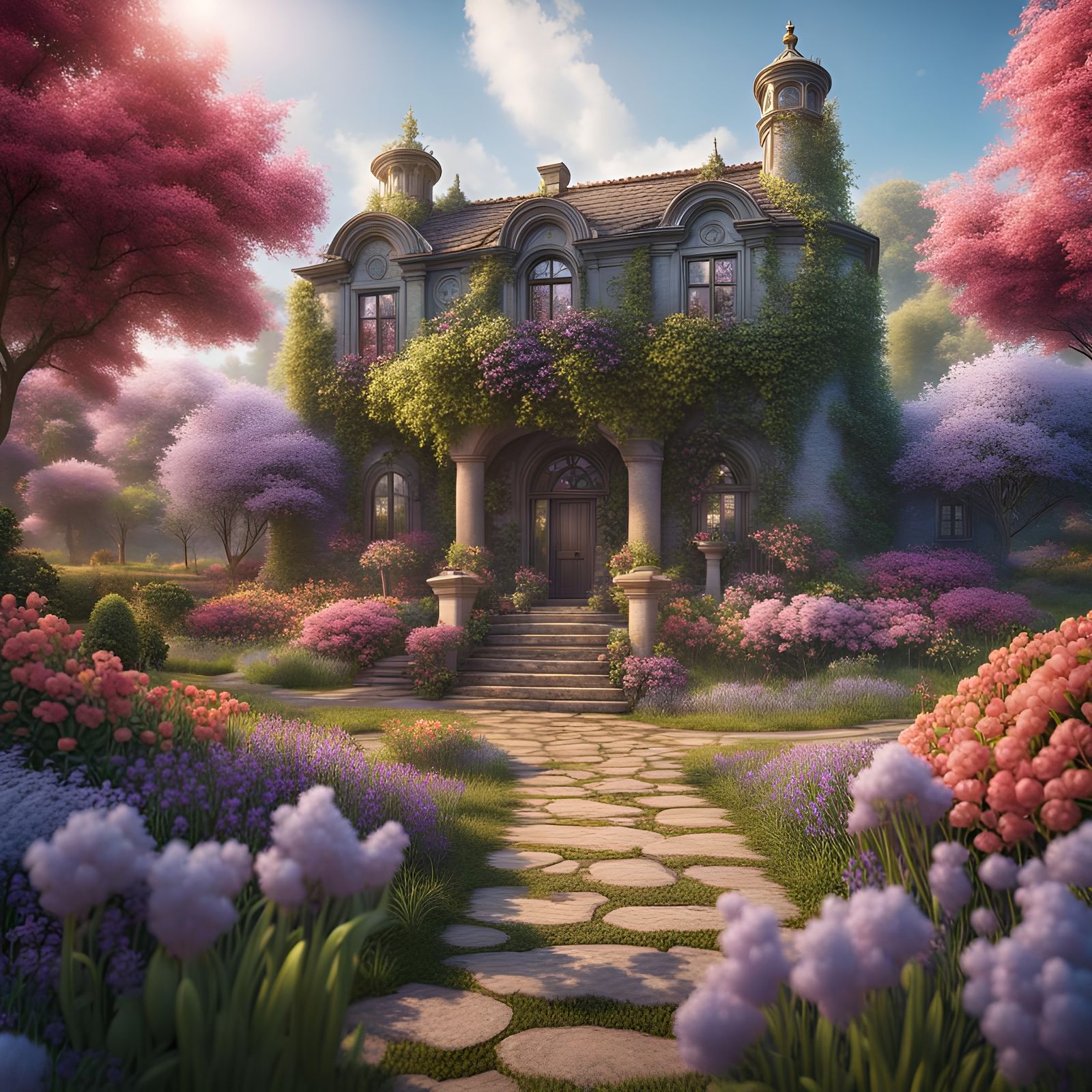 Spring Dream Home with Flowering Garden, Detailed Matte Pain...