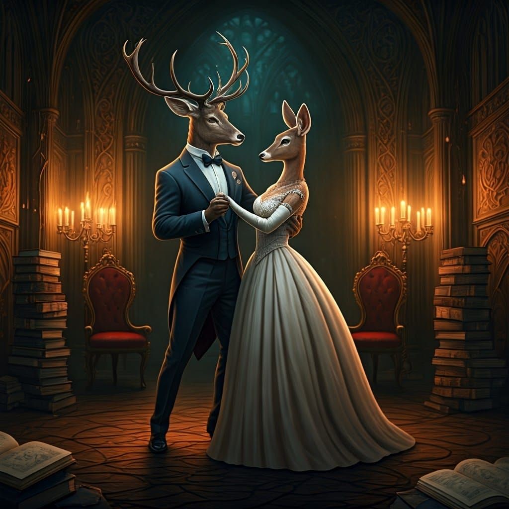Dignified Stag and Doe Dance in Dark Academia Ballroom