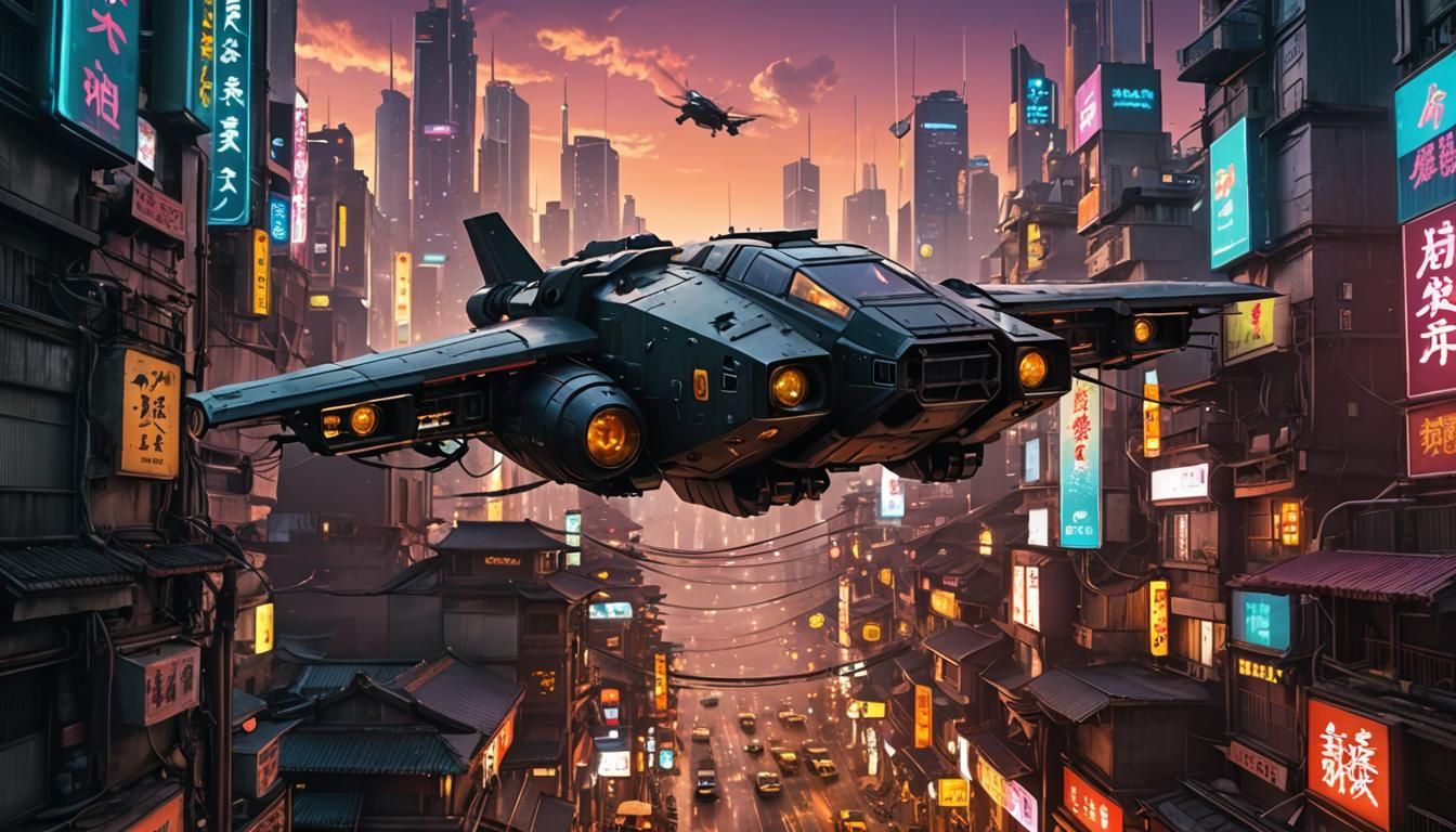 Flying Junk in a Cyberpunk Cityscape