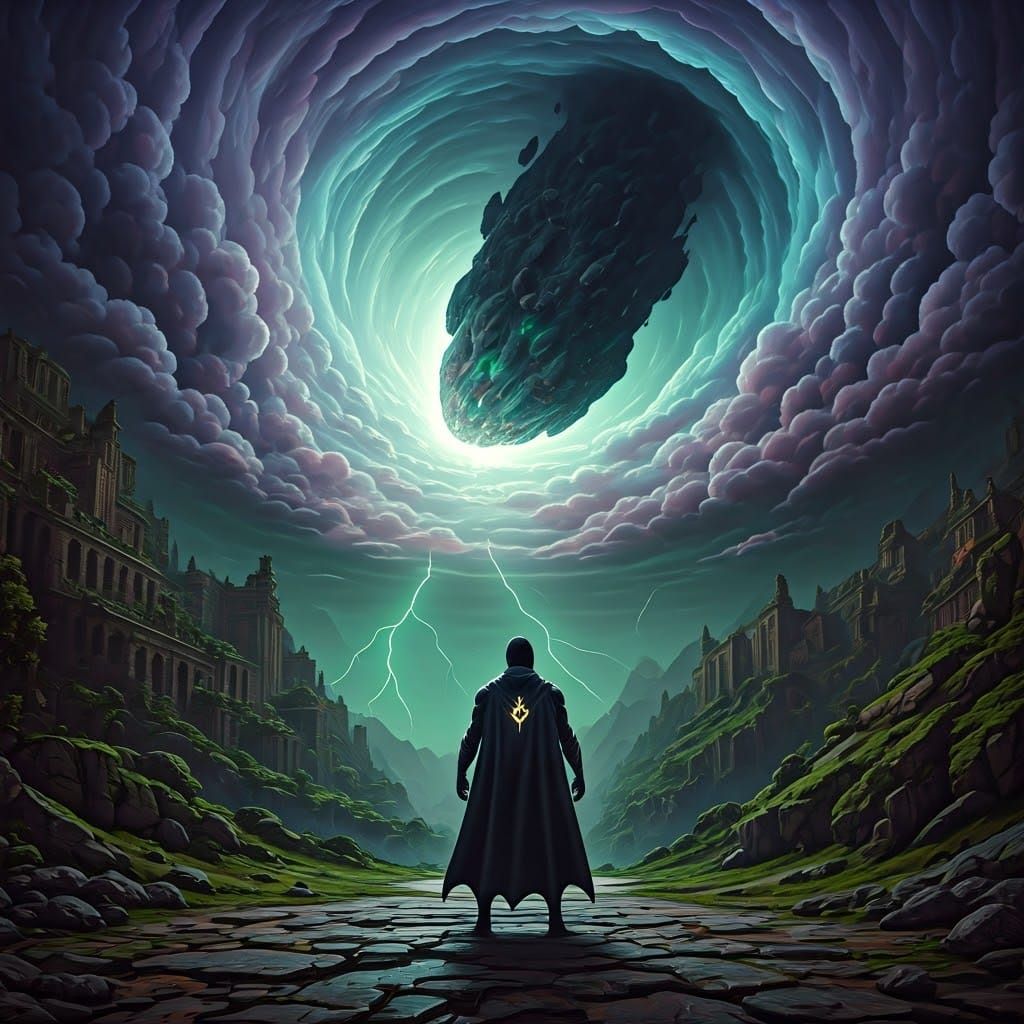 Superhero Faces Asteroid in Apocalyptic Fantasy Landscape