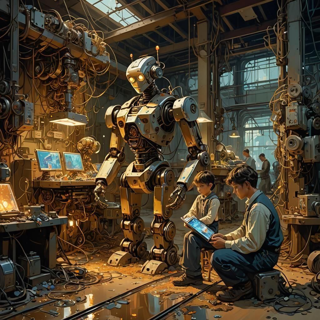 Older and younger brother in an industrial workshop