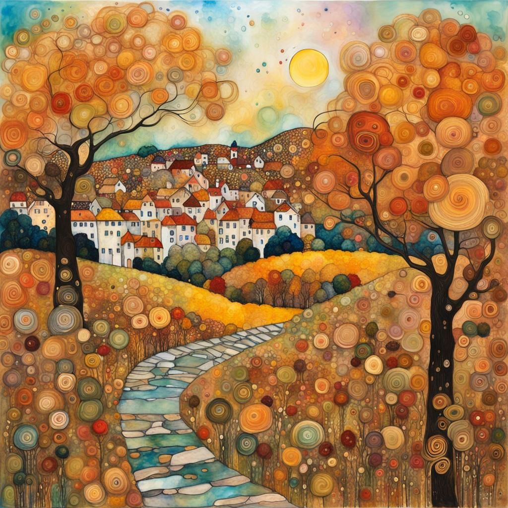 Klimt-Inspired Autumn Landscape in Pastel Colors