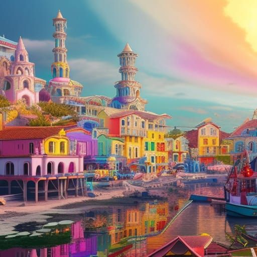 Colorful Seaside Town with Pastel Rainbow Buildings