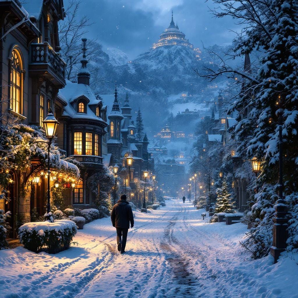 Night View of Snowy Karlovy Vary Street