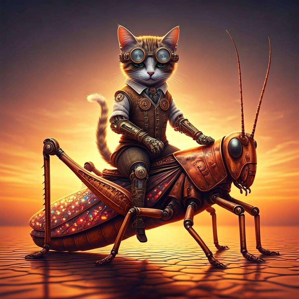 Steampunk Feline on Majestic Mechanical Grasshopper