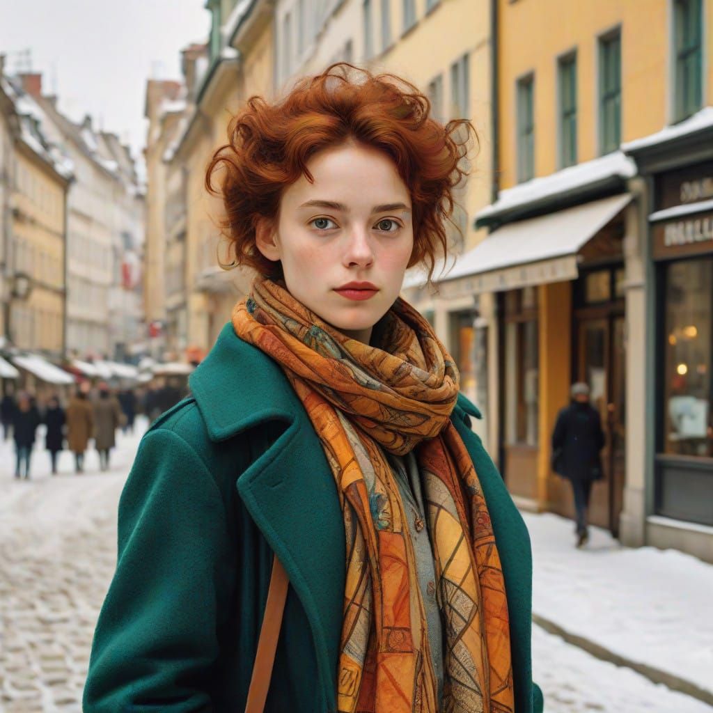 Impressionist Winter Scene on Vienna Street with Grand Build...