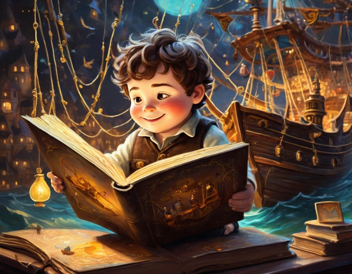 Chubby Boy Reading: Whimsical Oil Painting Illustration