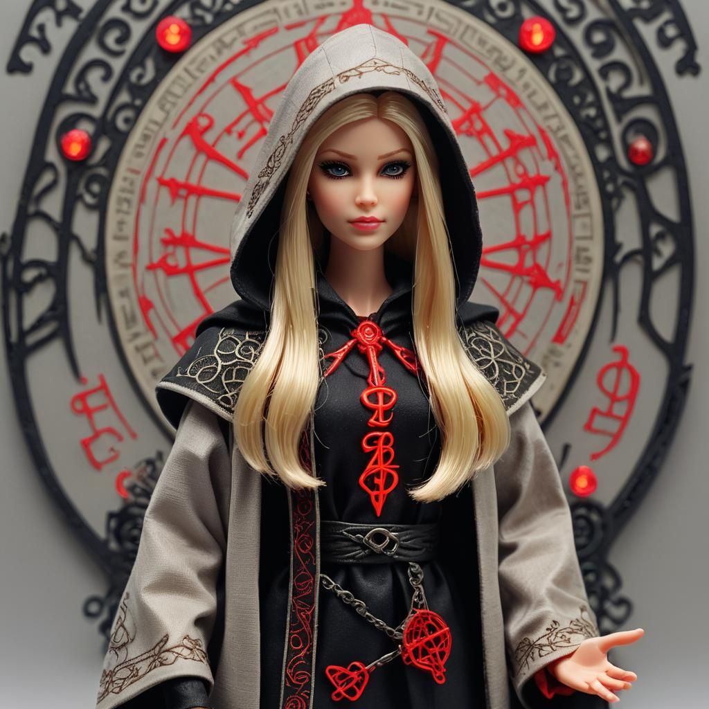 Barbie Doll as Hooded Cultist with Occult Altar